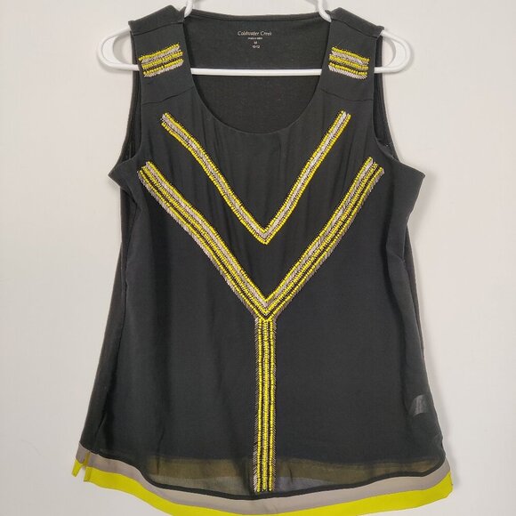 Coldwater Creek Women's Blouse Size M Black Yellow Embellished Sheer Front Goth - Picture 1 of 8